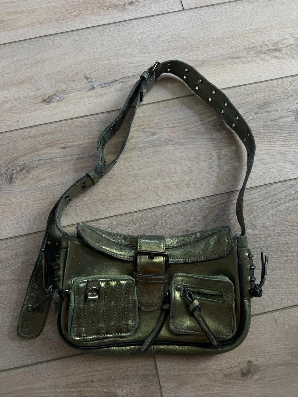 Free People Shimmery Olive Green Metallic Shoulder Bag - Picture 1 of 9